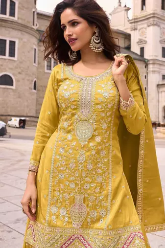 yellow silk blend embroidered  sequined  stone & beads semi stitched suit