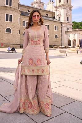 baby pink silk blend embroidered  sequined  stone & beads semi stitched suit 1