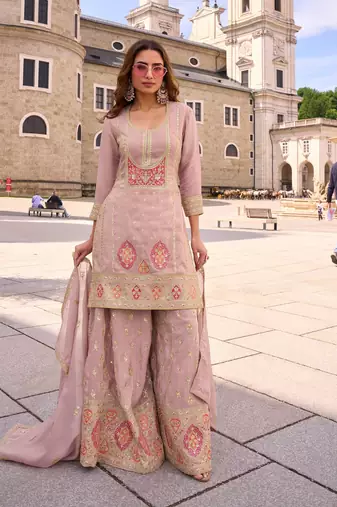 baby pink silk blend embroidered  sequined  stone & beads semi stitched suit