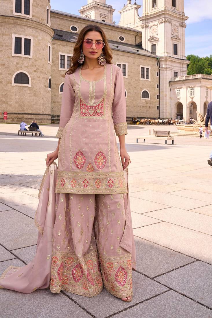 baby pink silk blend embroidered  sequined  stone & beads semi stitched suit