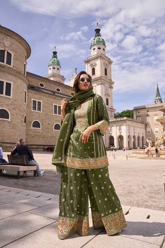 mehendi green silk blend embroidered  sequined  stone & beads semi stitched suit