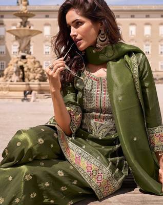 mehendi green silk blend embroidered  sequined  stone & beads semi stitched suit 2