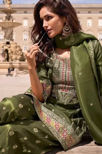 mehendi green silk blend embroidered  sequined  stone & beads semi stitched suit