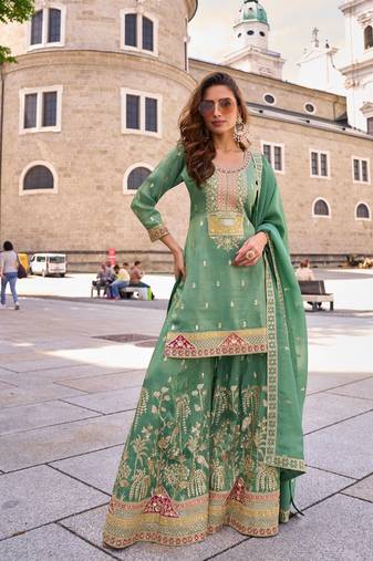 sea green silk blend embroidered  sequined  stone & beads semi stitched suit