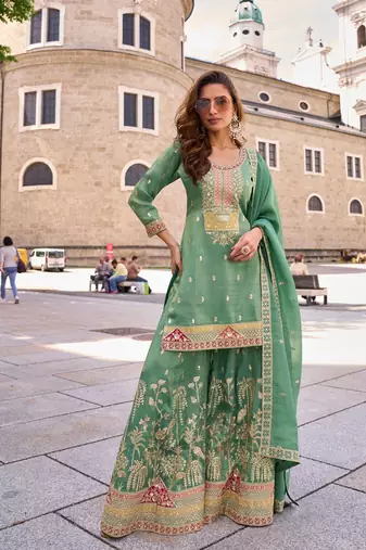 sea green silk blend embroidered  sequined  stone & beads semi stitched suit