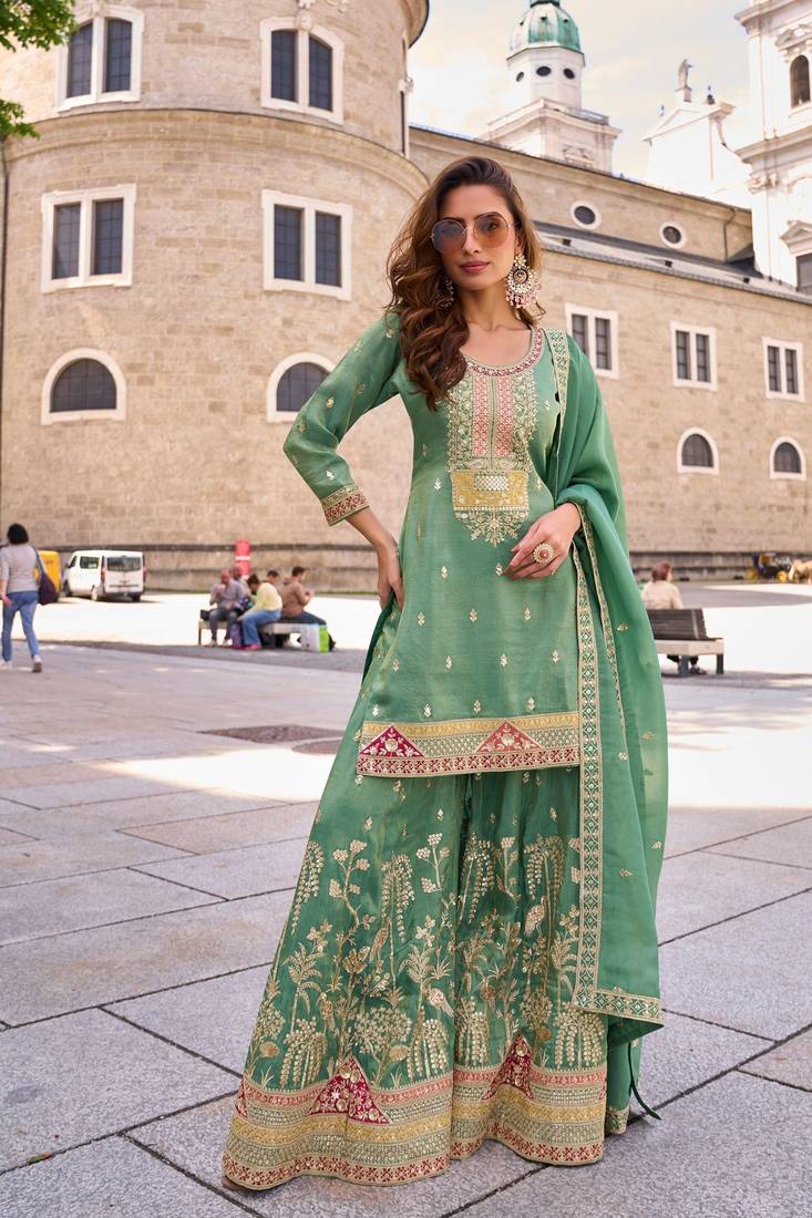 sea green silk blend embroidered  sequined  stone & beads semi stitched suit
