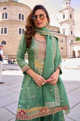 sea green silk blend embroidered  sequined  stone & beads semi stitched suit 2