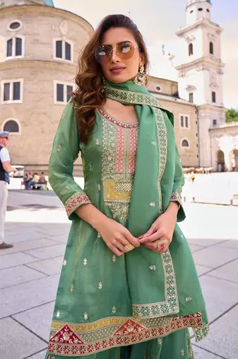 sea green silk blend embroidered  sequined  stone & beads semi stitched suit