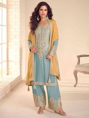 blue chiffon embroidered & sequined semi stitched suit 1