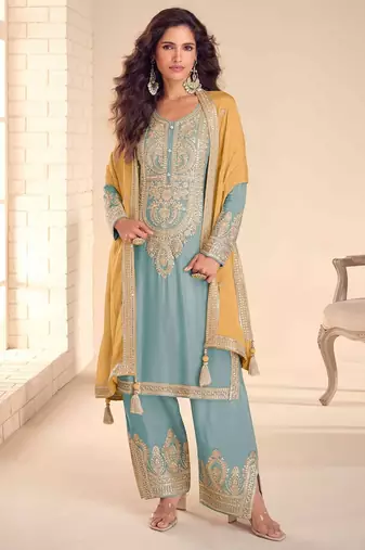 blue chiffon embroidered & sequined semi stitched suit