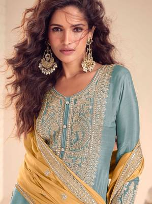 blue chiffon embroidered & sequined semi stitched suit 2