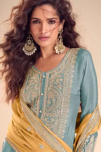 blue chiffon embroidered & sequined semi stitched suit