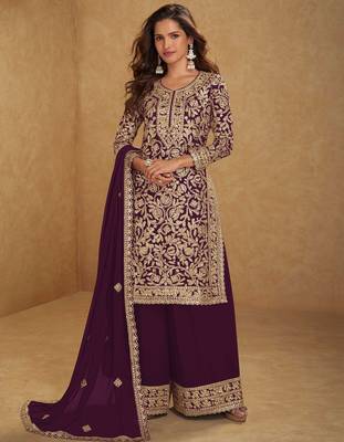 purple georgette embroidered & sequined semi stitched suit 1