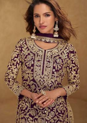 purple georgette embroidered & sequined semi stitched suit 2