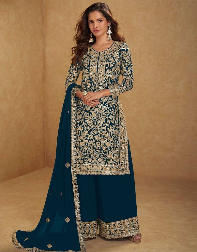 teal blue georgette embroidered & sequined semi stitched suit