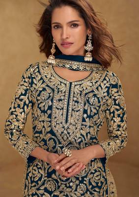 teal blue georgette embroidered & sequined semi stitched suit 2
