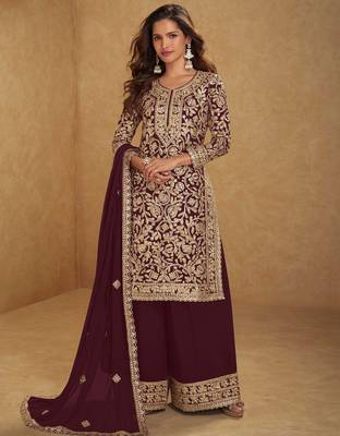 maroon georgette embroidered & sequined semi stitched suit 1