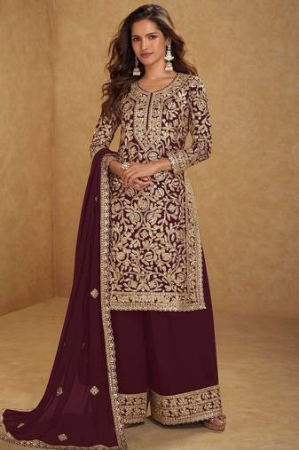 maroon georgette embroidered & sequined semi stitched suit
