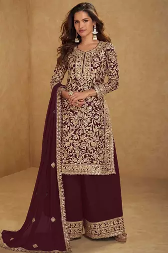 maroon georgette embroidered & sequined semi stitched suit