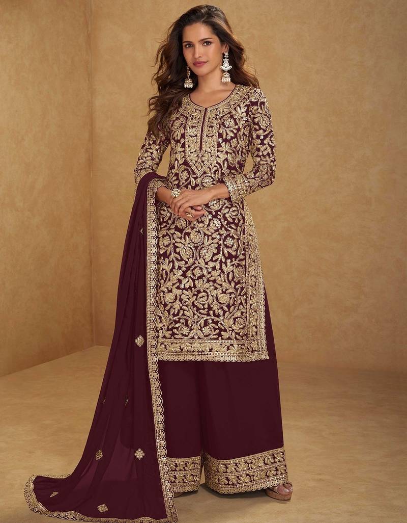 maroon georgette embroidered & sequined semi stitched suit