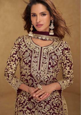 maroon georgette embroidered & sequined semi stitched suit 2