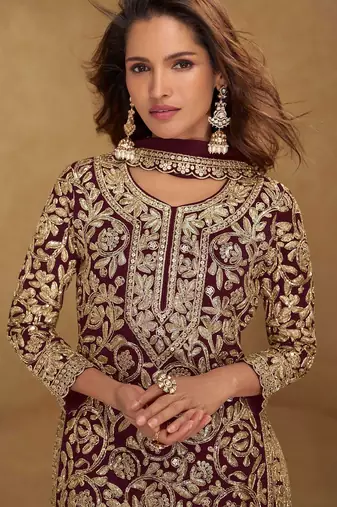 maroon georgette embroidered & sequined semi stitched suit