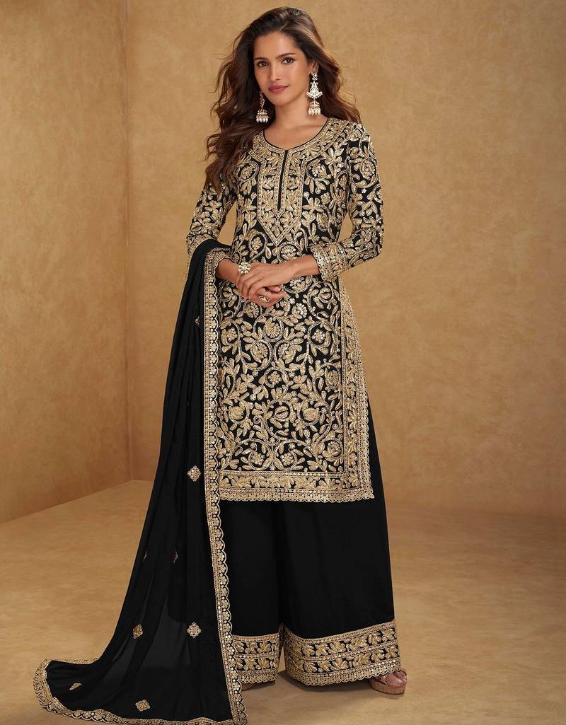 black georgette embroidered & sequined semi stitched suit