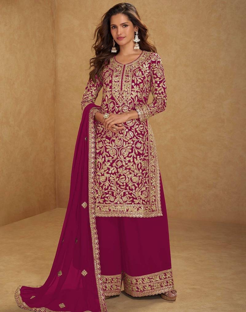 rani pink georgette embroidered & sequined semi stitched suit