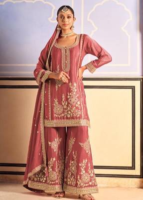 peach silk blend embroidery  mirror  hand work & sequined semi stitched suit 1