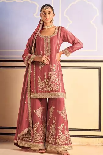 peach silk blend embroidery  mirror  hand work & sequined semi stitched suit