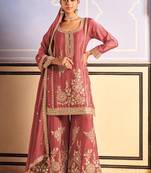 peach silk blend embroidery  mirror  hand work & sequined semi stitched suit