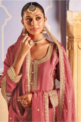 peach silk blend embroidery  mirror  hand work & sequined semi stitched suit 2