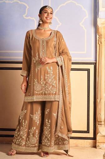 light brown silk blend embroidery  mirror  hand work & sequined semi stitched suit