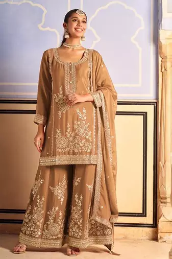 light brown silk blend embroidery  mirror  hand work & sequined semi stitched suit