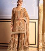 light brown silk blend embroidery  mirror  hand work & sequined semi stitched suit