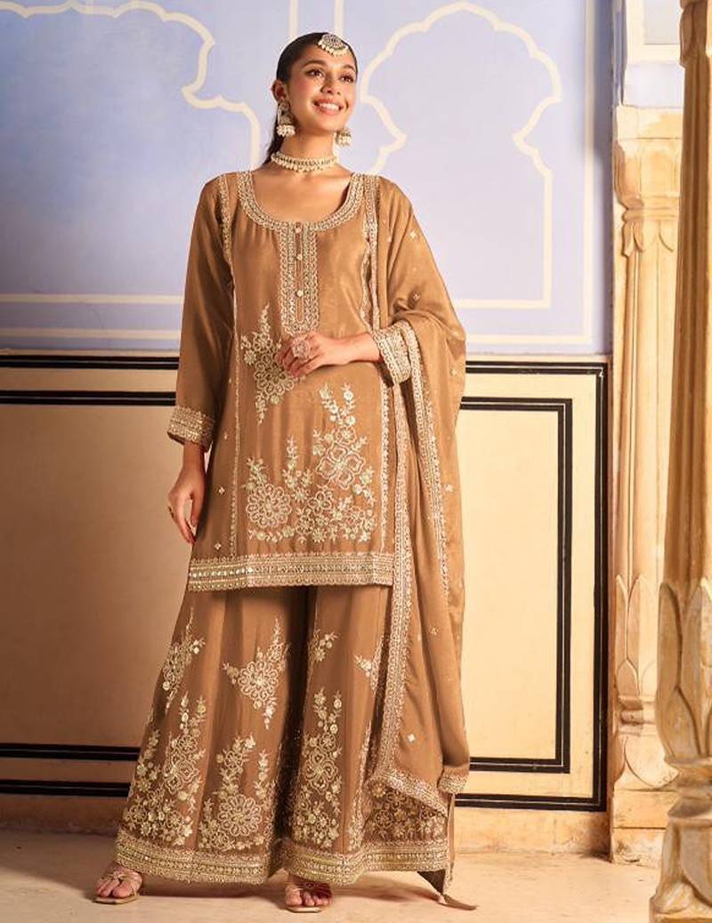 light brown silk blend embroidery  mirror  hand work & sequined semi stitched suit