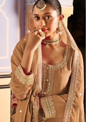 light brown silk blend embroidery  mirror  hand work & sequined semi stitched suit 2