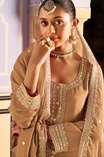light brown silk blend embroidery  mirror  hand work & sequined semi stitched suit