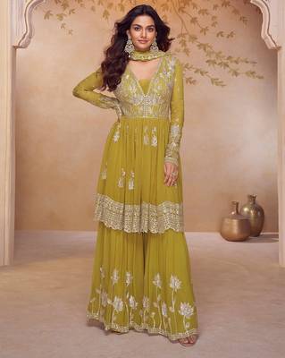 yellow chiffon embroidered & sequined semi stitched suit 1