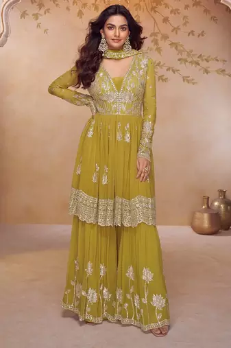yellow chiffon embroidered & sequined semi stitched suit