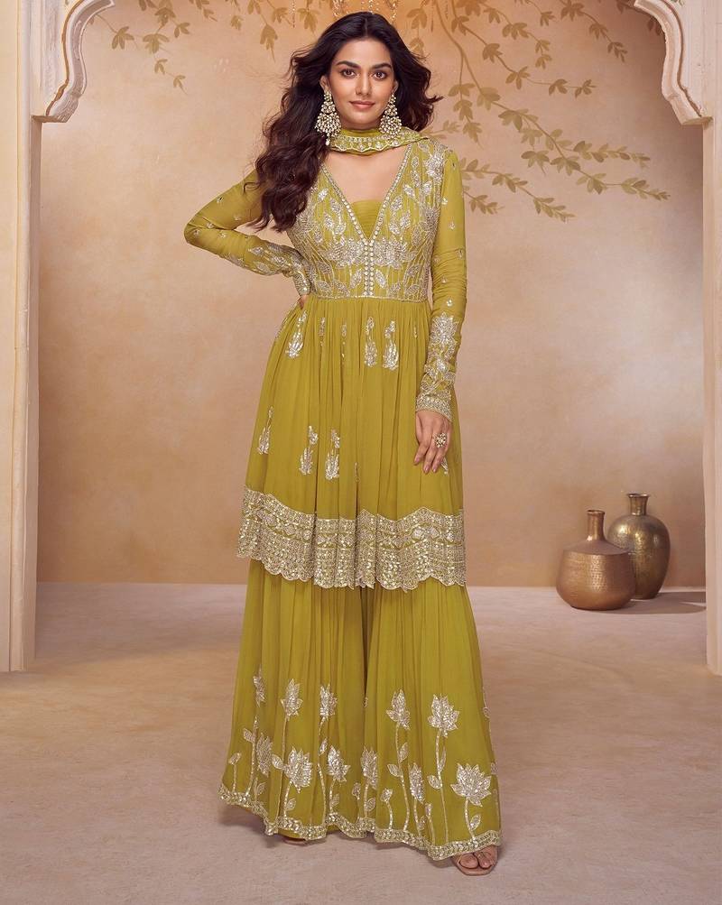 yellow chiffon embroidered & sequined semi stitched suit