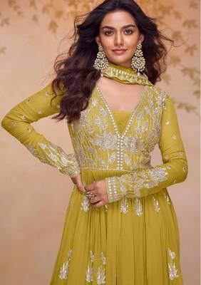 yellow chiffon embroidered & sequined semi stitched suit 2