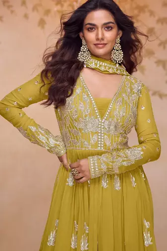 yellow chiffon embroidered & sequined semi stitched suit