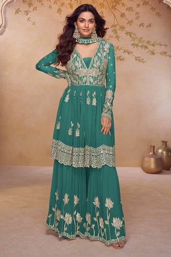 turquoise chiffon embroidered & sequined semi stitched suit