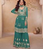 turquoise chiffon embroidered & sequined semi stitched suit