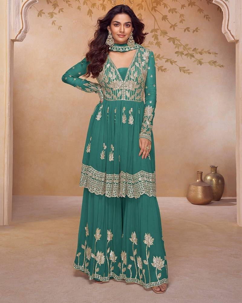 turquoise chiffon embroidered & sequined semi stitched suit