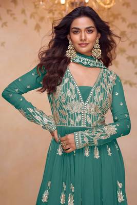 turquoise chiffon embroidered & sequined semi stitched suit 2