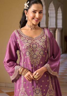 lilac chiffon embroidered  beads  stone & sequined semi stitched suit 1