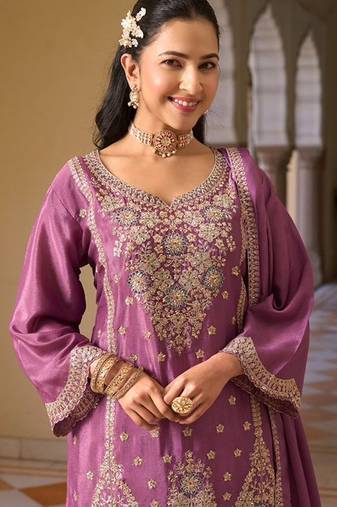 lilac chiffon embroidered  beads  stone & sequined semi stitched suit