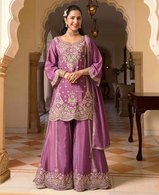 lilac chiffon embroidered  beads  stone & sequined semi stitched suit 2